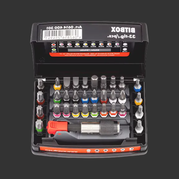 Wera BitBox with various drill bits on a white background