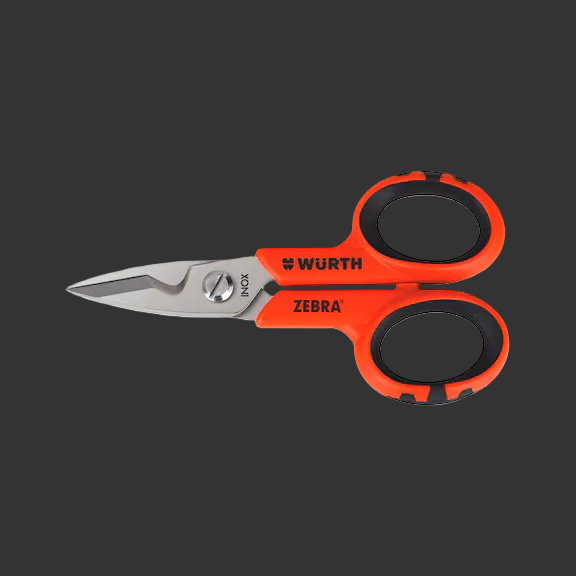 Scissors with red handles and visible branding on a black background