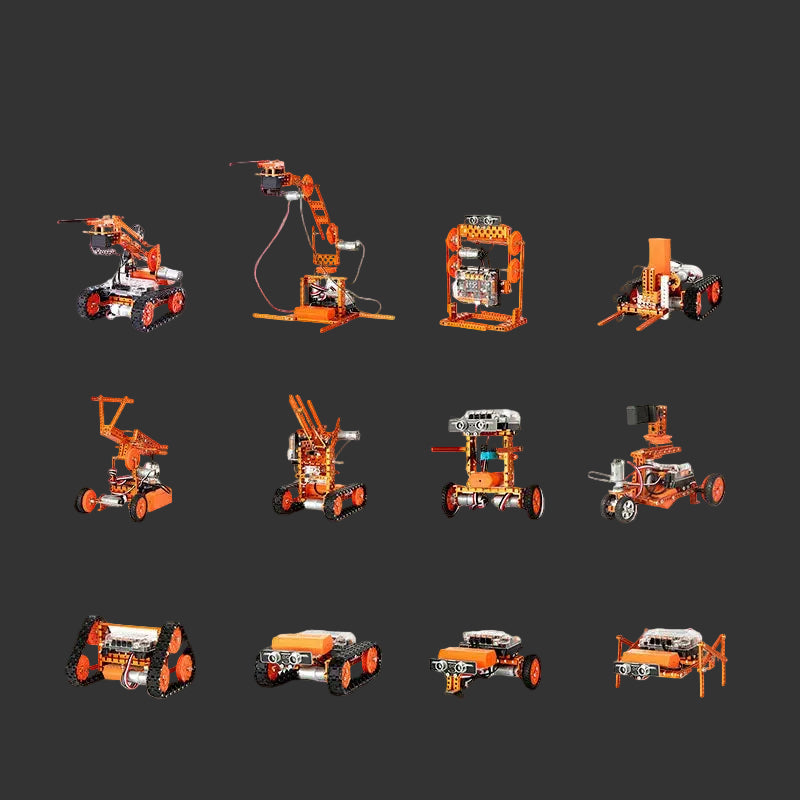 Collection of orange and black robots on a white background with WeeMake logo.