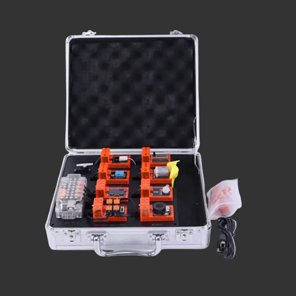 Open toolbox with electronic components and accessories on a white background