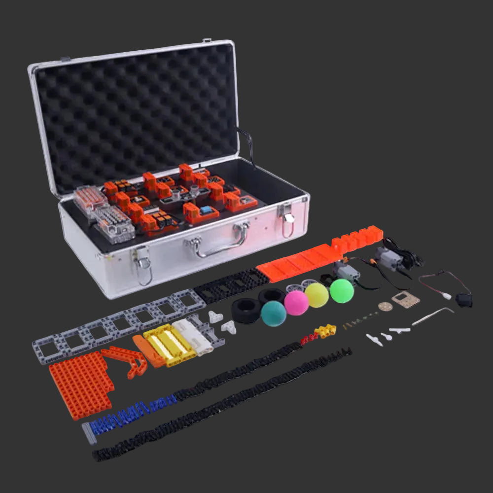 Scientific experiment kit with various components on a white background