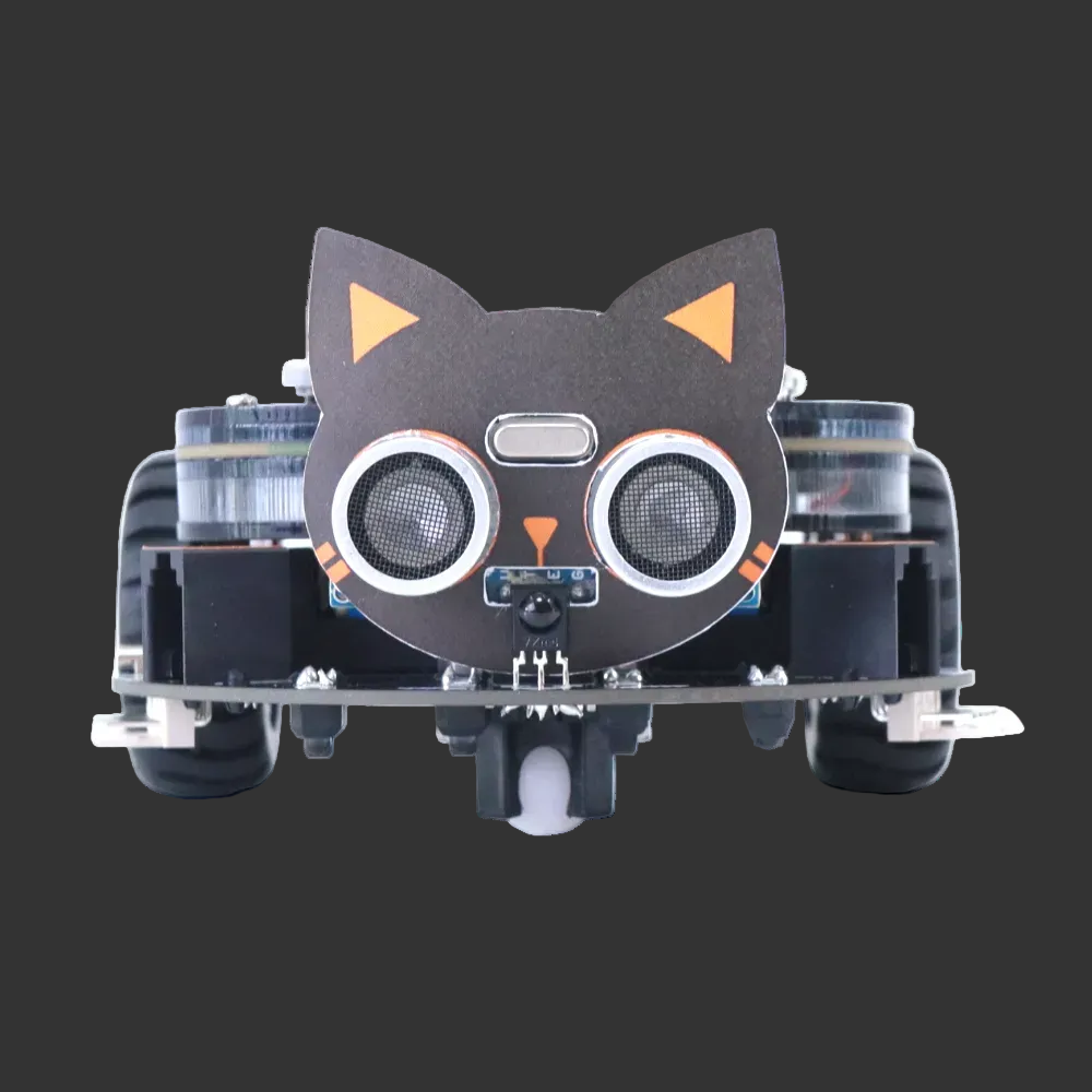Robot cat with a black body, orange accents, and wheels on a white background