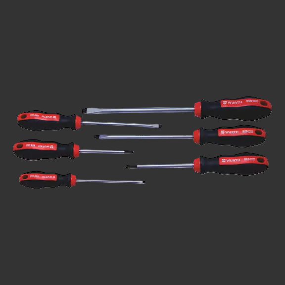 Set of five screwdrivers with black and red handles on a white background