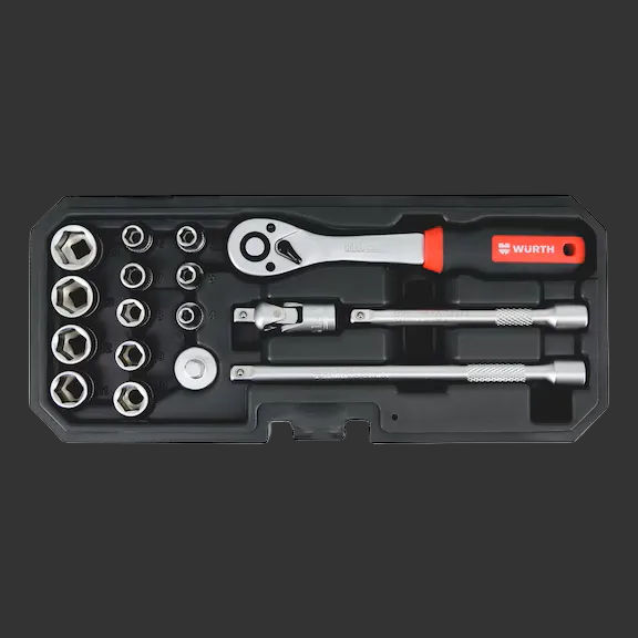 Wrench and socket set in a black case with Wurth branding on a white background