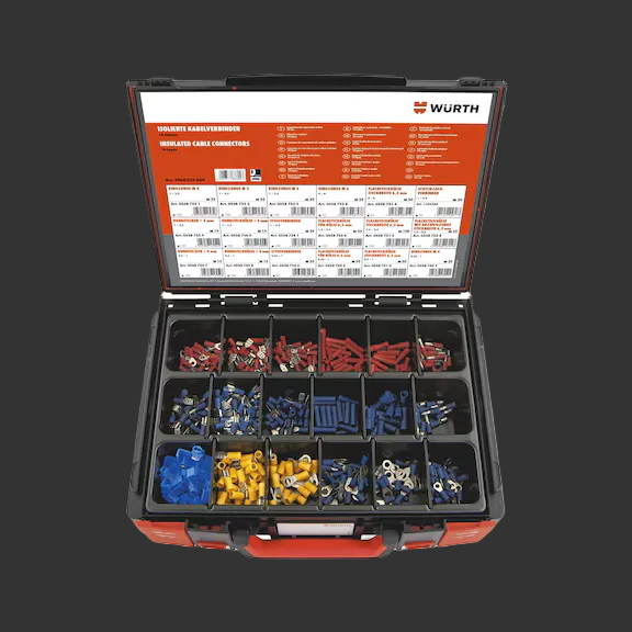Wurth tool box with various colored connectors inside on a white background