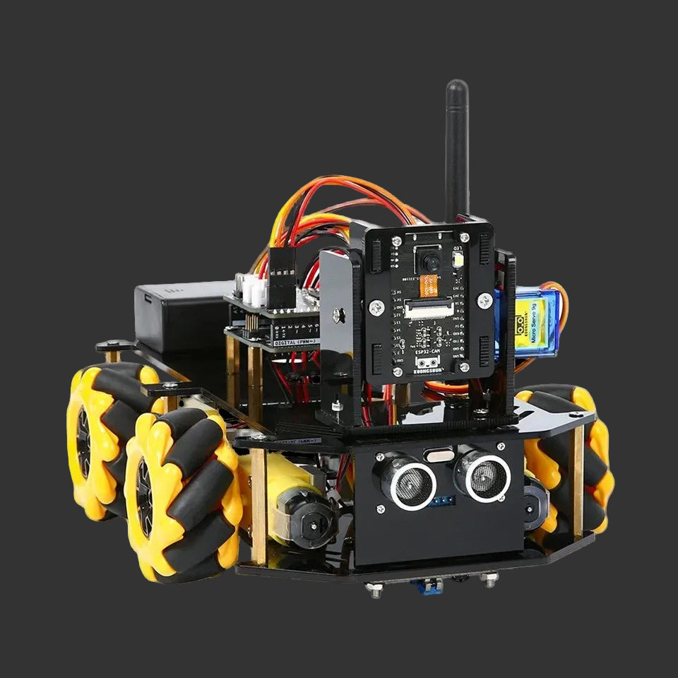 Robotic chassis with wheels and electronic components on a white background