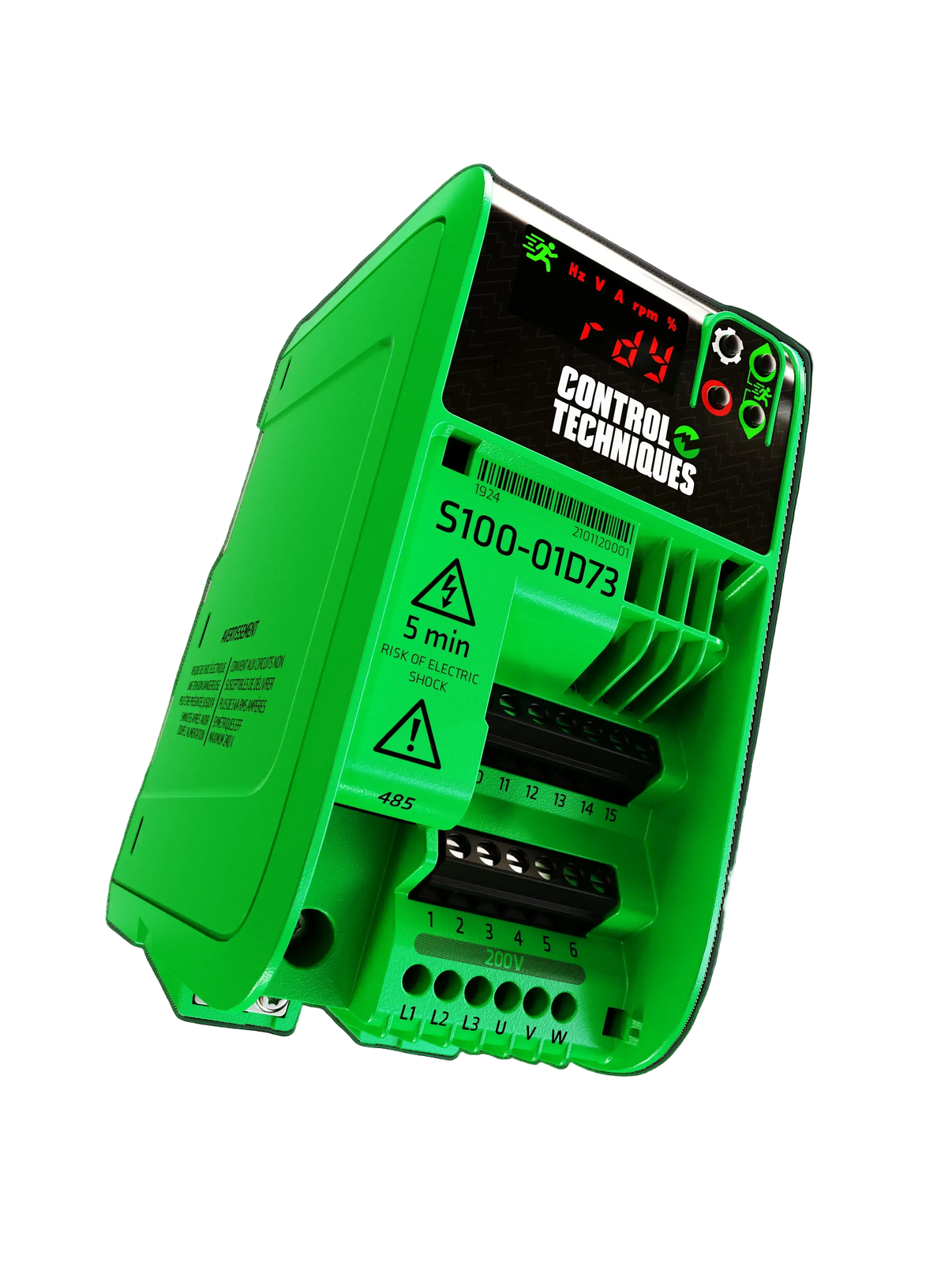 Green control device with digital display on a white background