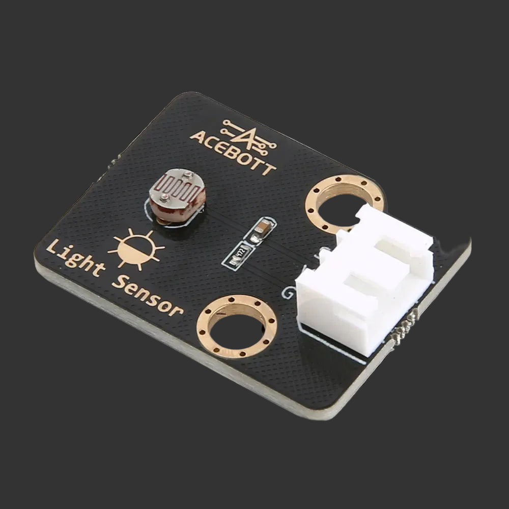 Electronic component board with light sensor labeled 'Acebot' on a white background