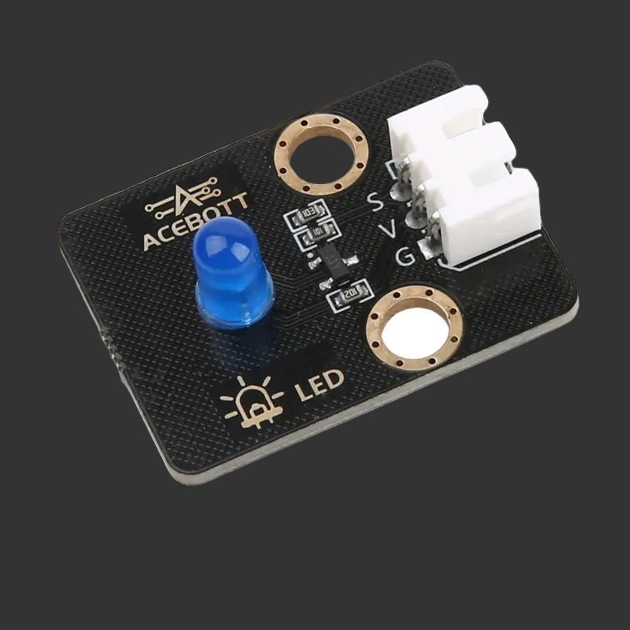 Electronic component board with blue LED and various connectors on a white background, branded with ACEBOTT.