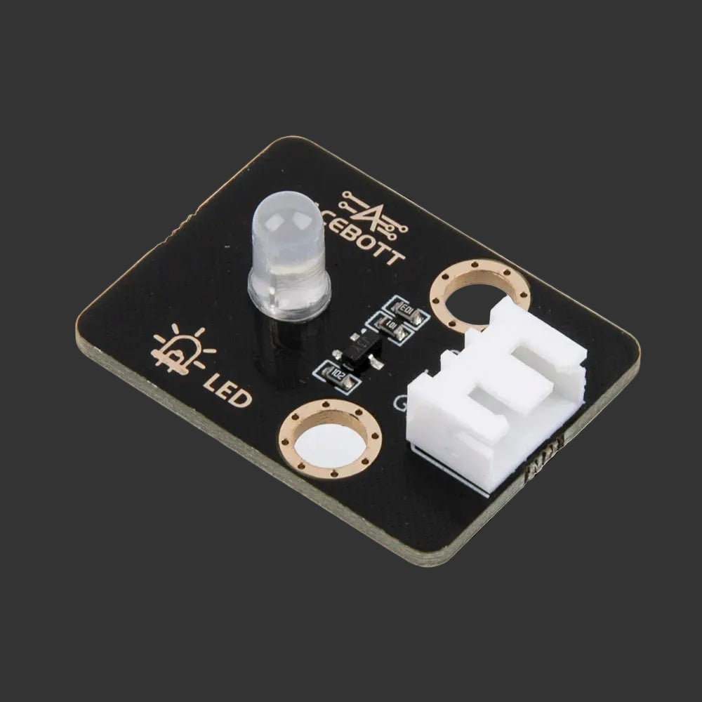 Electronic component board with LED indicator on a white background