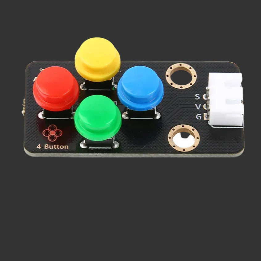 Four-button joystick module with red, yellow, green, and blue buttons on a black background