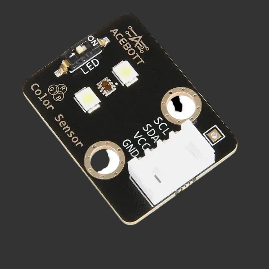 Electronic color sensor module with labeled components on a black background