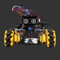 Robot chassis with yellow wheels and visible wiring on a black background