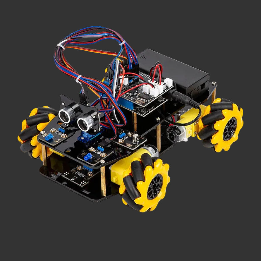 Robot chassis with wheels and electronic components on a white background