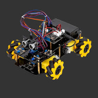 Robot chassis with wheels and electronic components on a white background