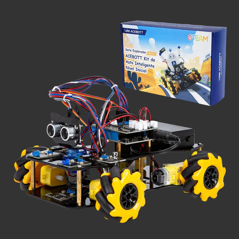 Robotics kit with yellow wheels and electronic components next to its packaging on a white background