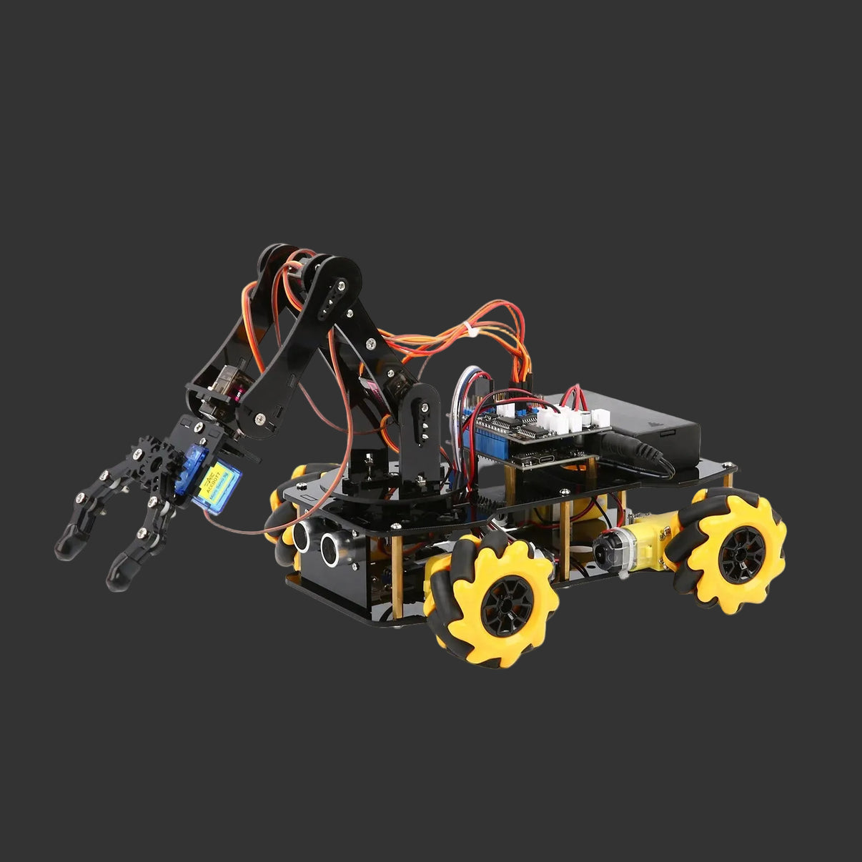 Robotic arm and chassis with wheels on a white background