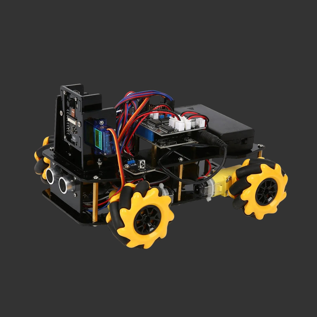 Robot chassis with yellow wheels on a white background