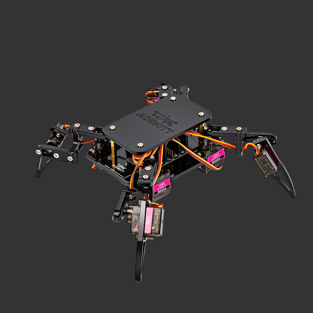Robotic spider chassis with visible branding on a white background