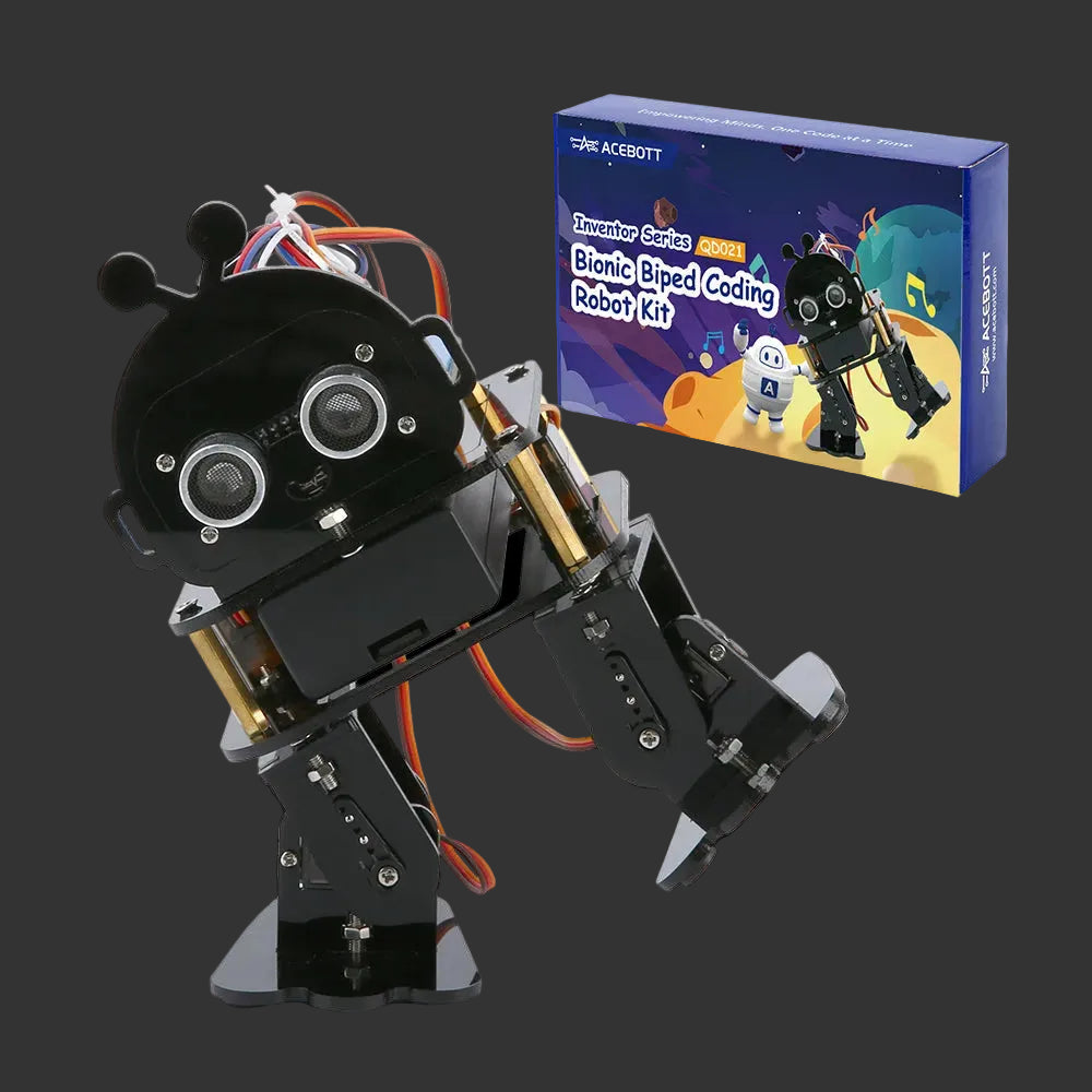 Bionic biped coding robot kit with packaging on a white background