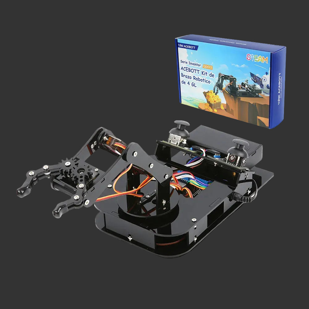 Robotic arm kit with colorful wiring and a box labeled 'Stm32' on a white background