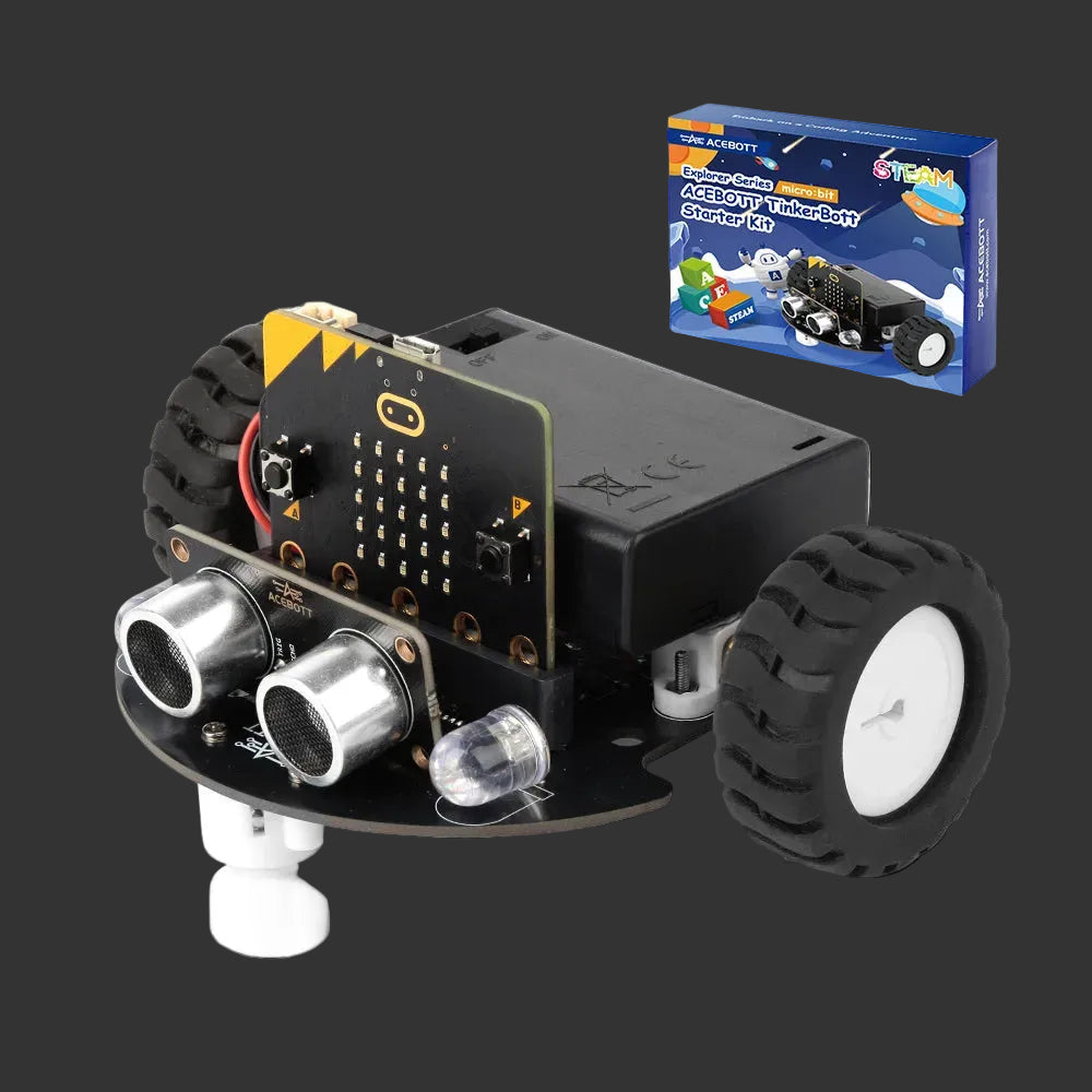 Robotics kit with wheels and sensors on a white background