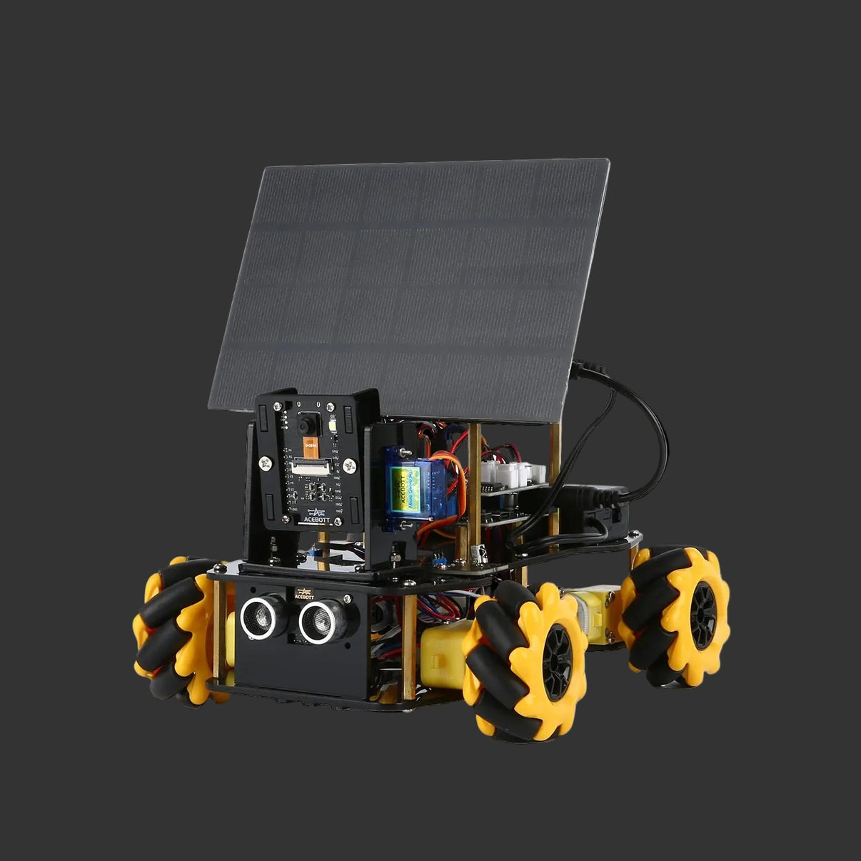 Robotic vehicle with solar panel and wheels on a white background, branded 'ACEBOTT'.