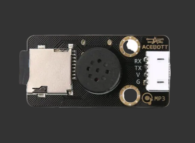 Electronic component with various connectors and labels on a white background