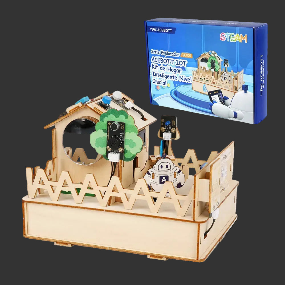 Wooden STEM kit with electronic components and a box labeled 'STEAM' on a white background