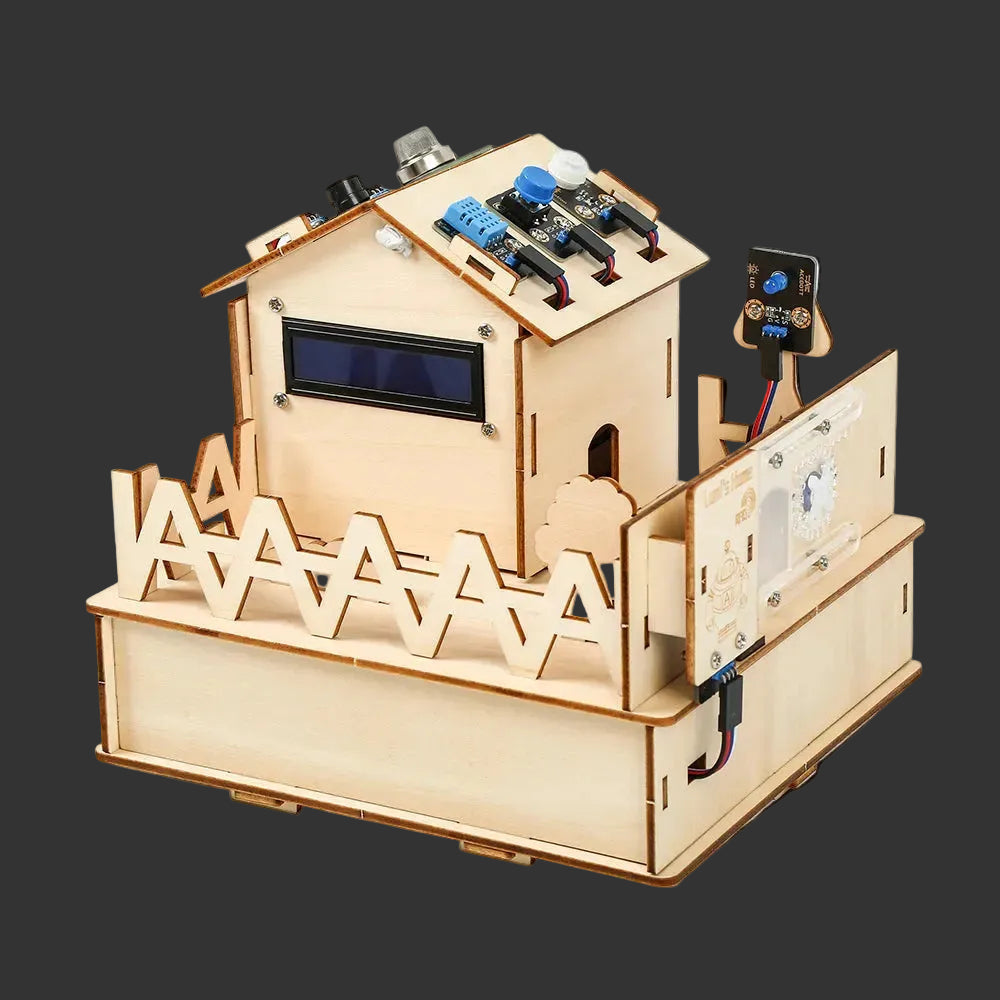Wooden electronic device with components on a white background