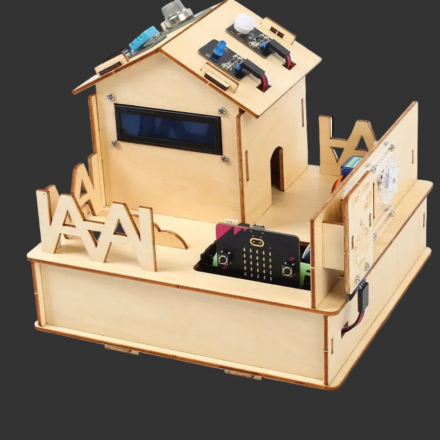 Wooden electronic project box with components on a white background