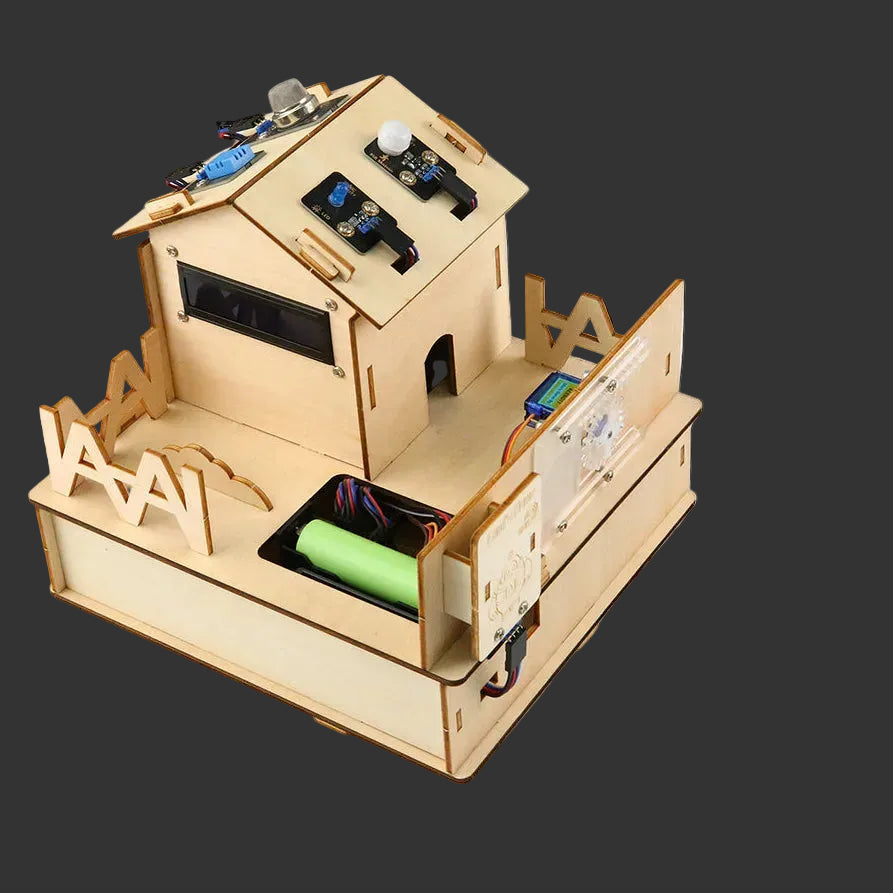 Wooden electronic project box with various components on a white background