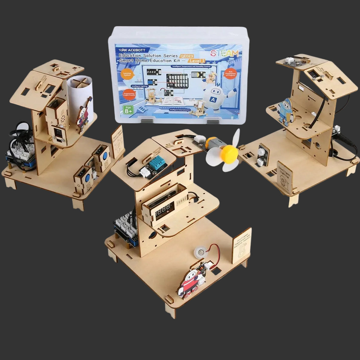 Wooden STEM education kit with electronic components and a box labeled 'Makeblock' on a white background.