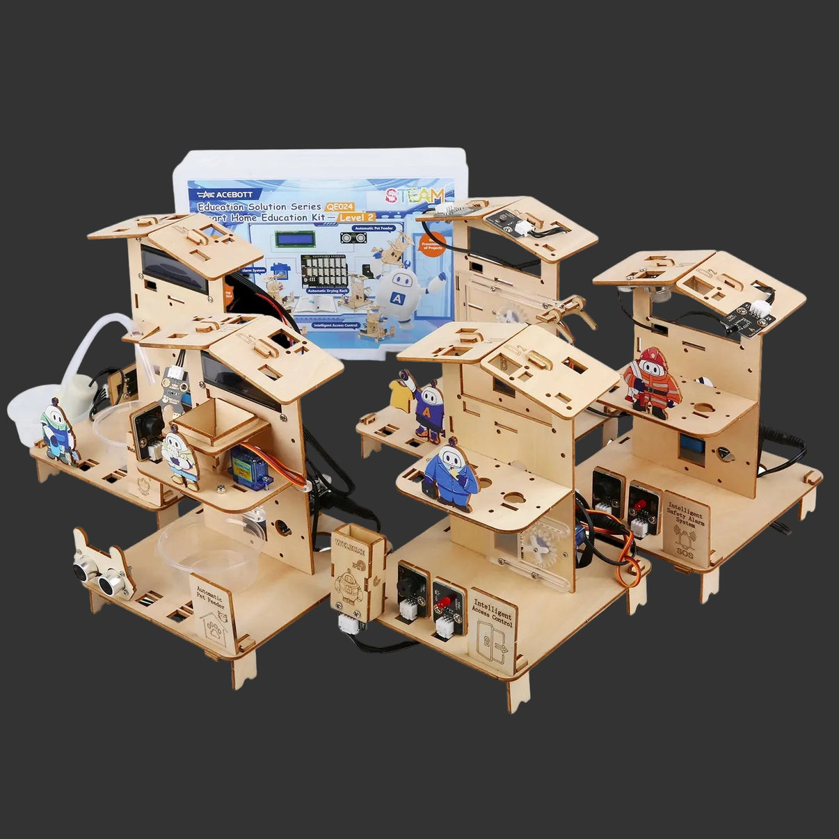Wooden educational robotics kit with components and a laptop displaying a coding interface on a white background.
