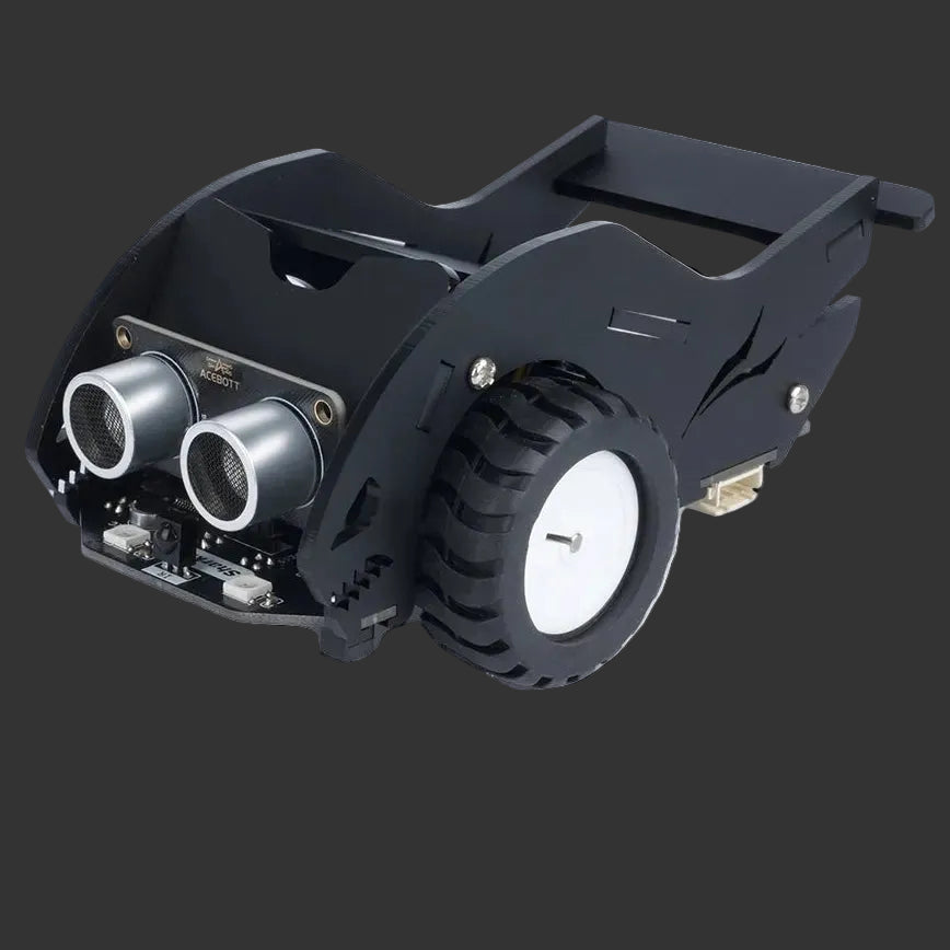 Black robotic device with wheels and sensors on a black background