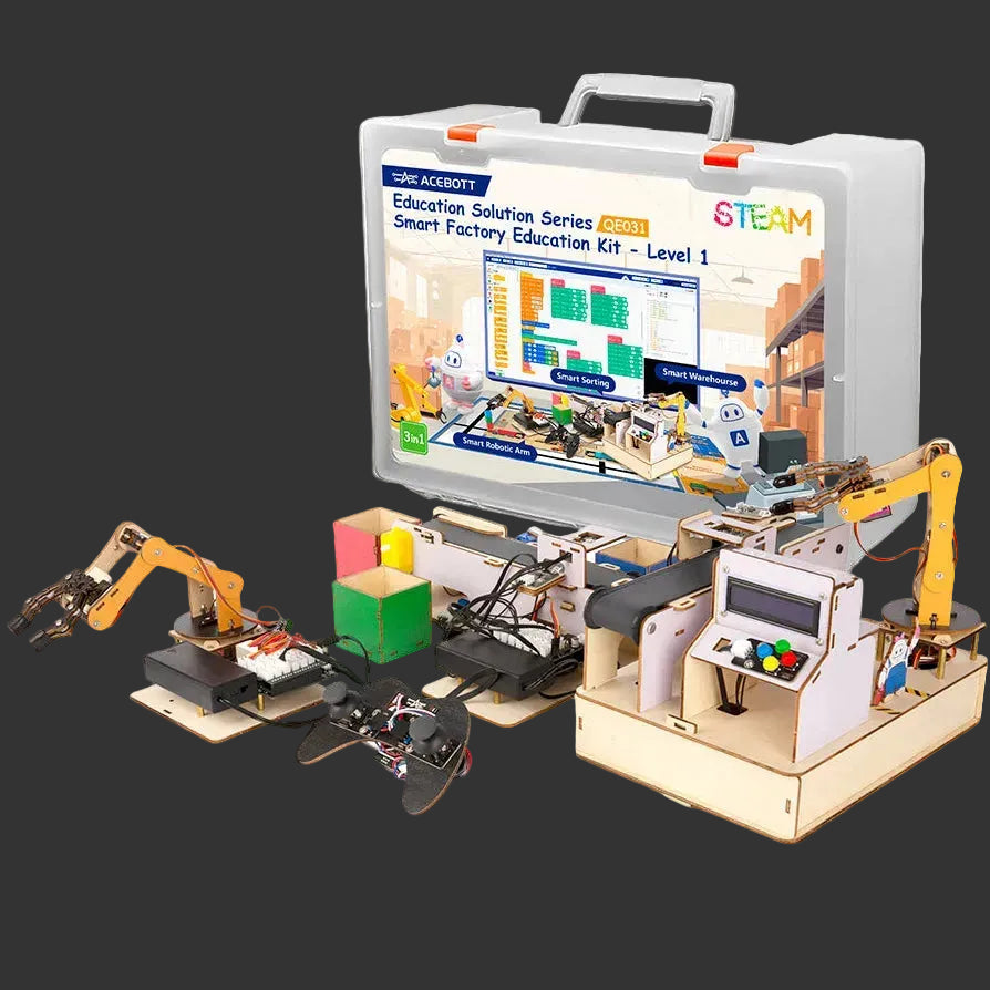Robotic education kit with screen displaying educational content, branded 'ACEBOTT'.