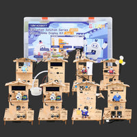 Set of wooden robot models with a screen displaying educational content on a white background