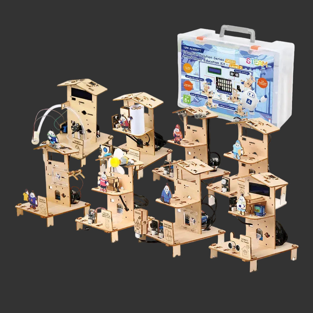Wooden mechanical model building set with a carrying case on a white background