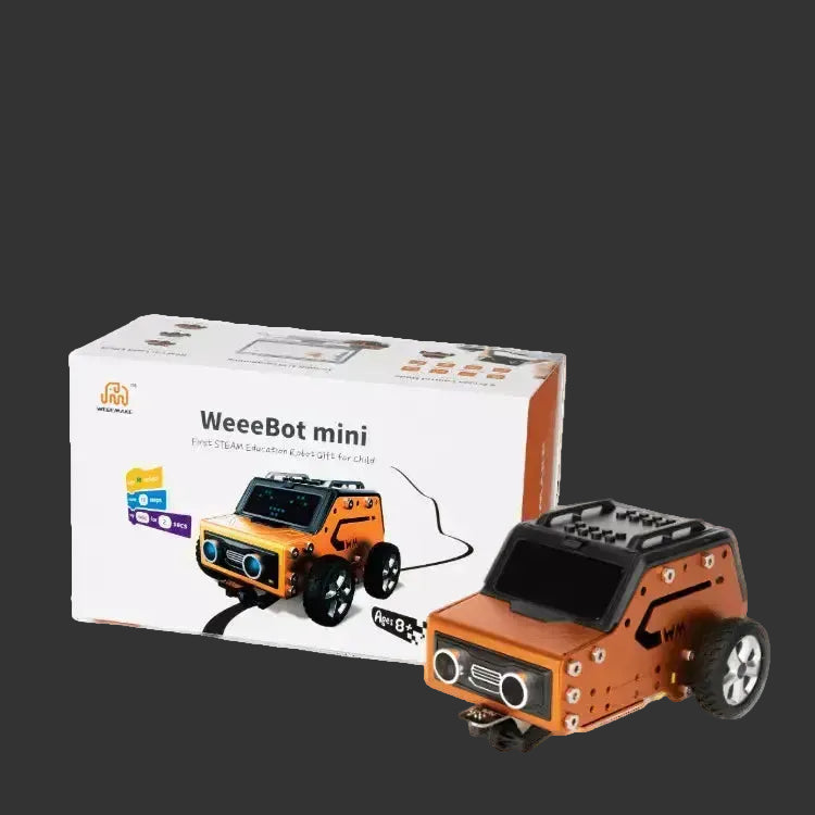 WeeeBot mini STEAM Robot with packaging and WeeMake branding on an orange and white background.