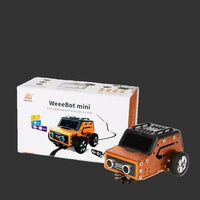 WeeeBot mini STEAM Robot with packaging and WeeMake branding on an orange and white background.