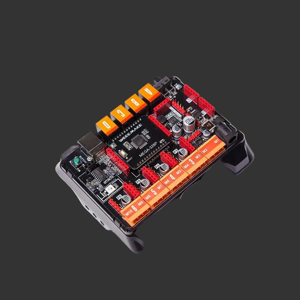 Electronic mainboard with red and orange connectors on a white background, labeled 'ELF Mainboard'.
