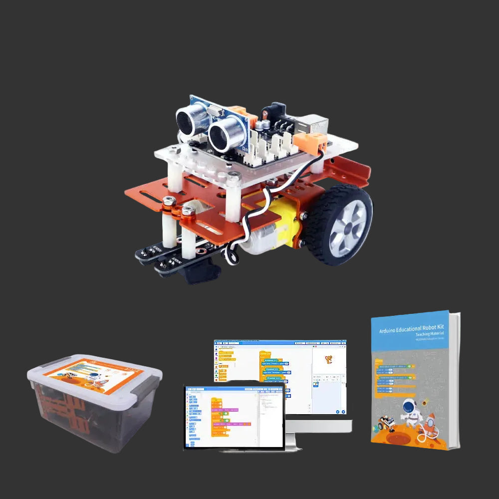 Educational robotics kit with components and software on a black background