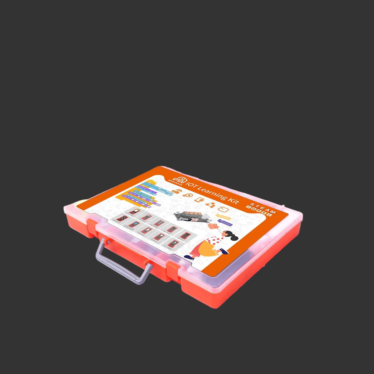 WeeMake IoT Learning Kit with a robot illustration on an orange and white background