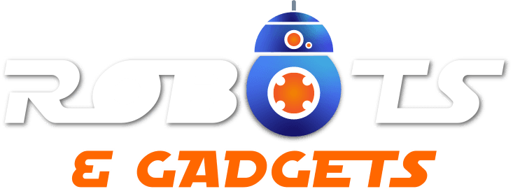 Robots and Gadgets logo — white wordmark, for dark backgrounds