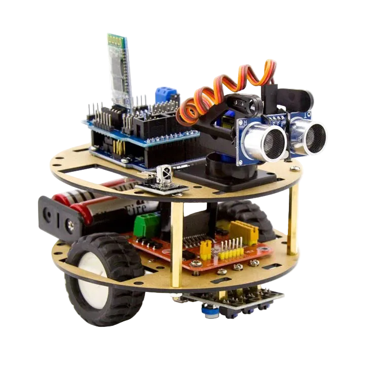Small robot chassis with electronic components on a white background
